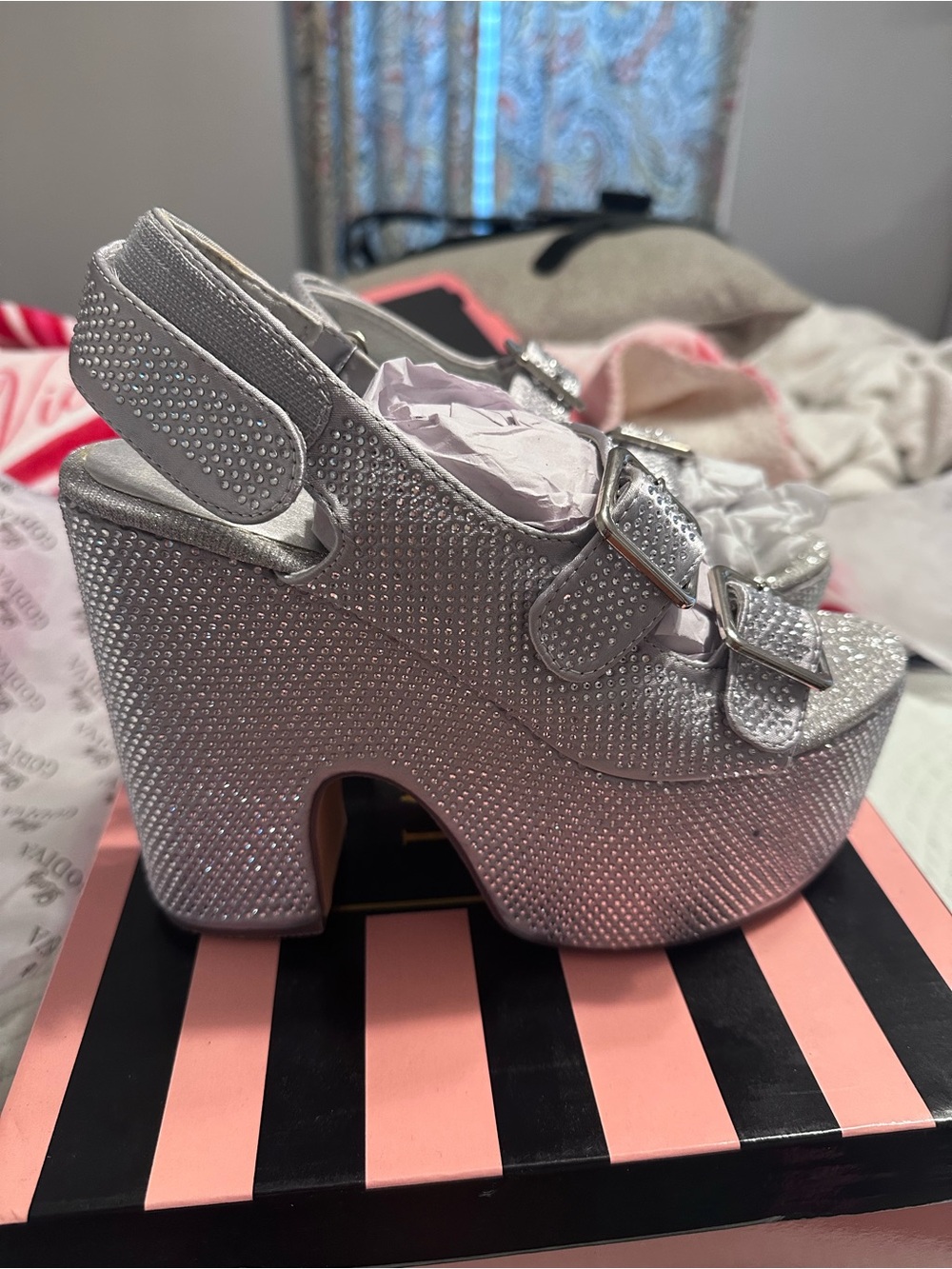Lady Go Diva Silver Rhinestone Platform Slingback Heels